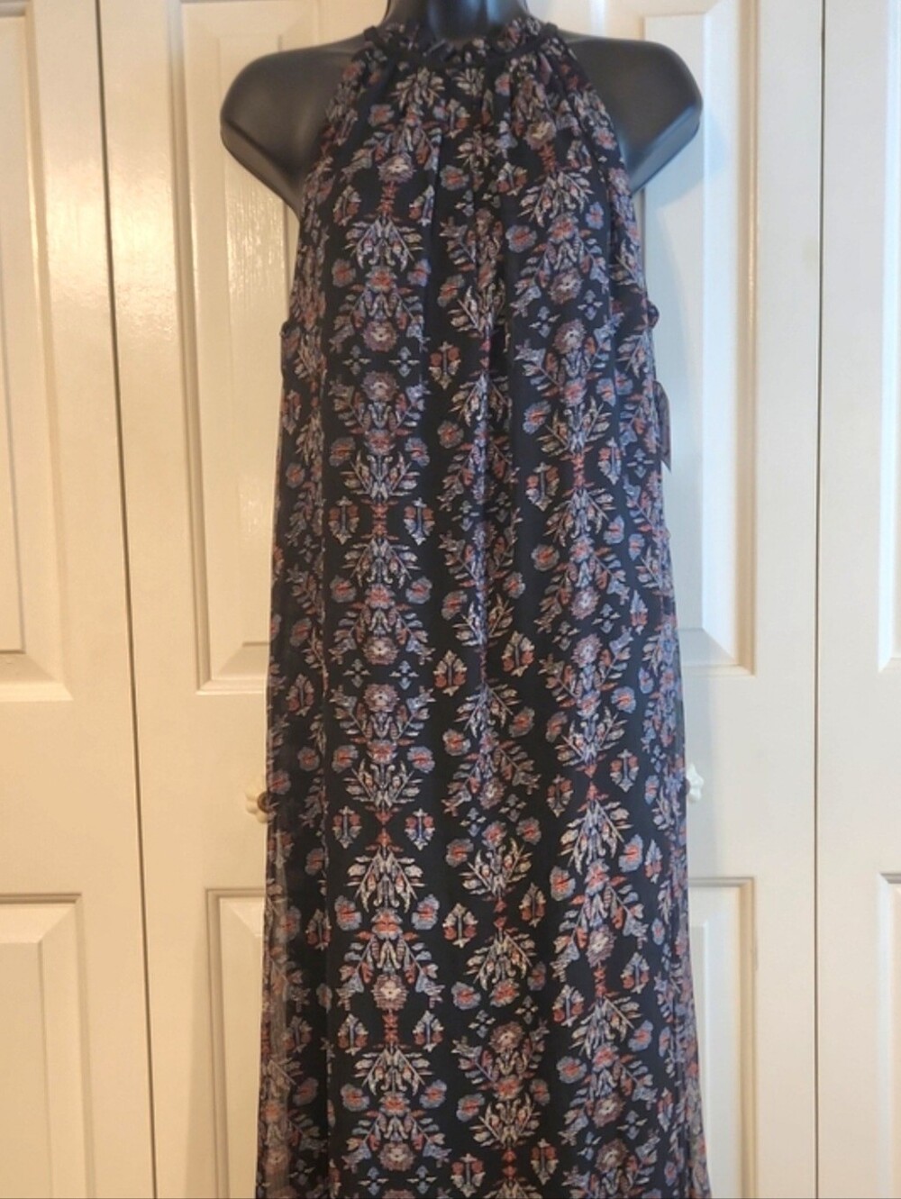 Navy Halter Maxi Dress with Blue Floral Print - Brand Chetta B - Womens Size 4